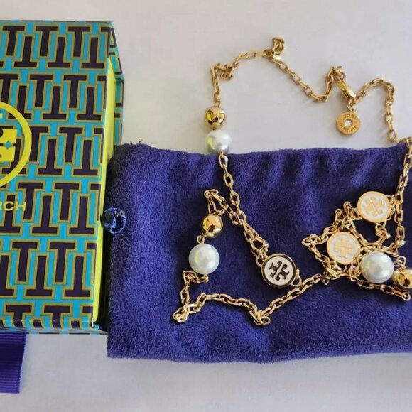 Tory Burch Lacquered Logo Convertible Rosary Necklace 36 in in Ivory NEW - Picture 8 of 11